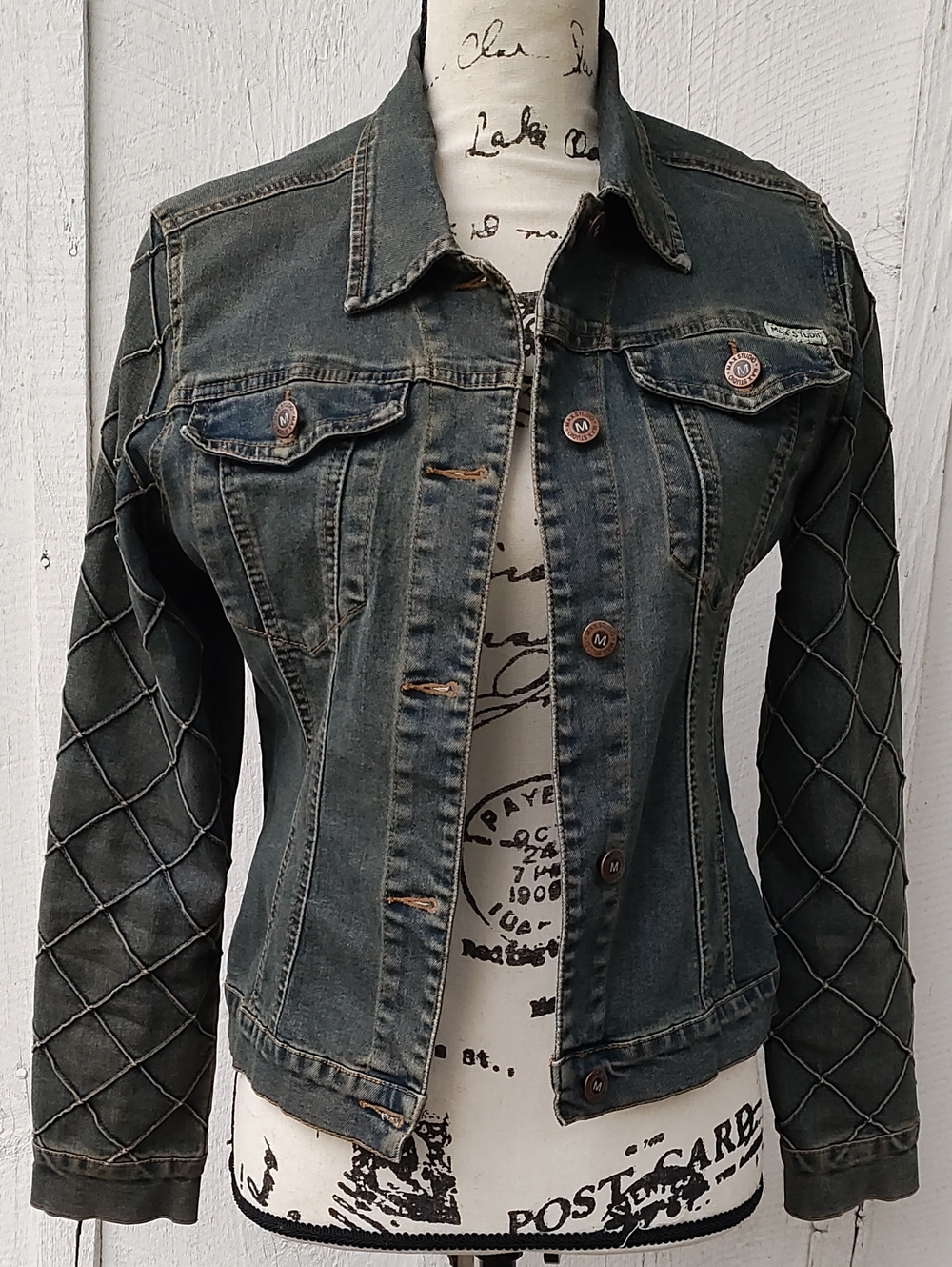 Max Studio Dark Blue Denim Jean Jacket Diamond Detail Sleeves And Back